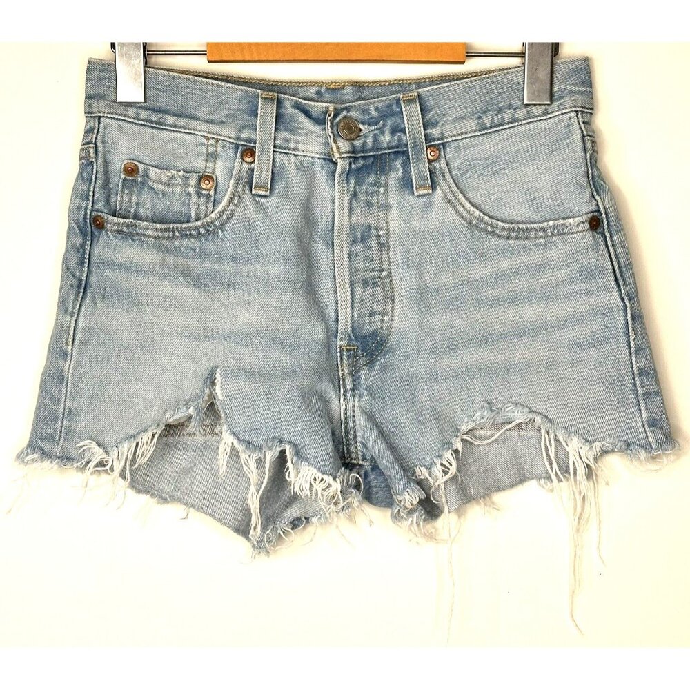 Levi’s Womens Jean Shorts 501 Premium Big E Distressed Cut-Off Blue Size 24